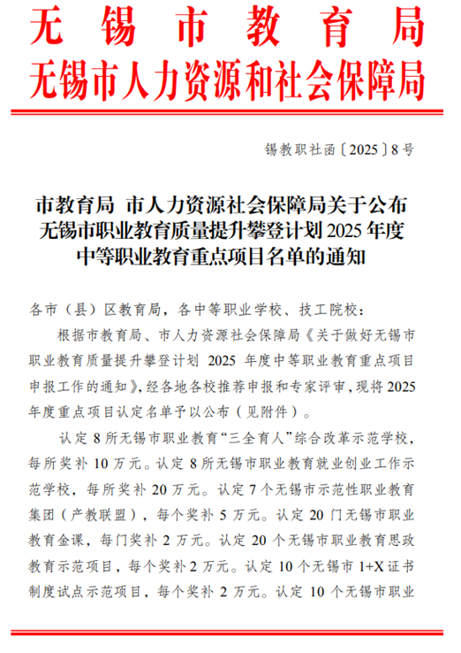 喜報(bào)：我校多個(gè)項(xiàng)目入選無(wú)錫市職業(yè)教育質(zhì)量提升攀登計(jì)劃2025年度重點(diǎn)項(xiàng)目