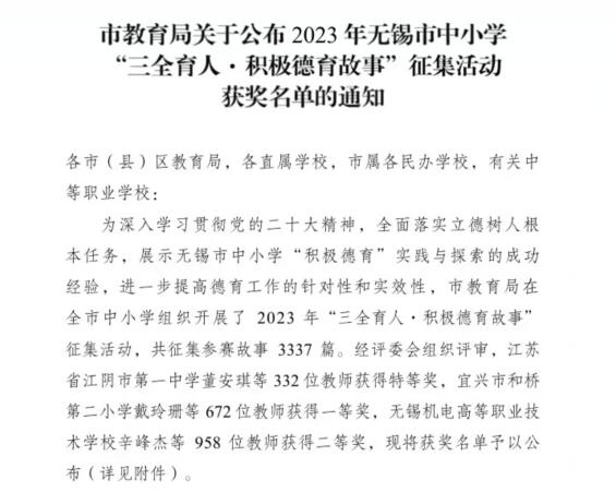 喜報！——機(jī)械工程學(xué)院黃希老師在2023年無錫市“三全育人?積極德育故事” 征集活動中榮獲特等獎