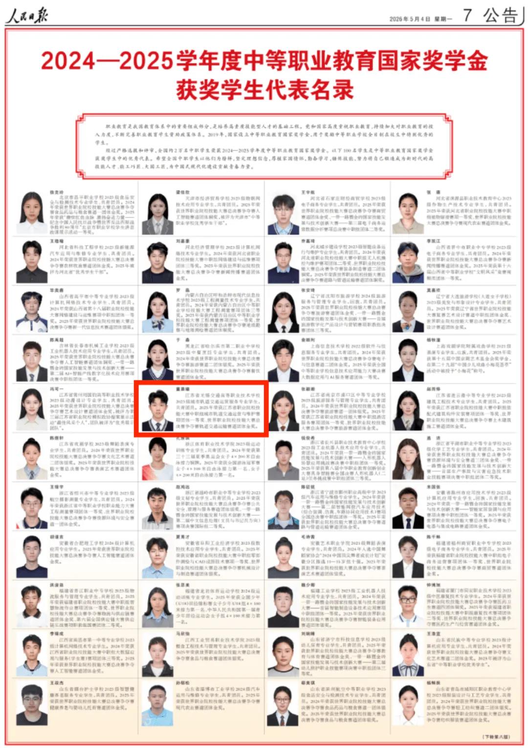學(xué)校學(xué)生董晨曦入選《人民日?qǐng)?bào)》代表名錄